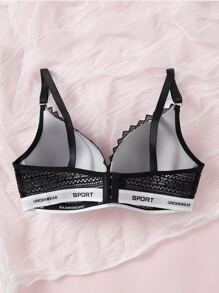 Plus Floral Lace Letter Tape Underwire Bra - Black - View 2