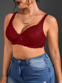 Plus Floral Lace Underwire Bra - Burgundy - View 5