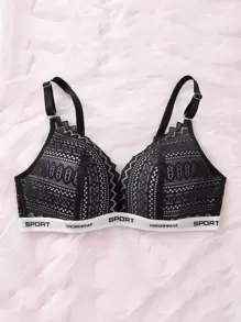 Plus Floral Lace Letter Tape Underwire Bra - Black - View 4