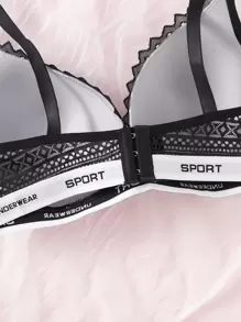 Plus Floral Lace Letter Tape Underwire Bra - Black - View 5