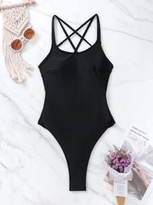 Swim SXY Summer Beach Criss Cross Backless One Piece Swimsuit - Black - View 3