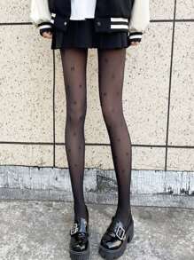 Bow Pattern Thermal Lined Tights - Black - View 4