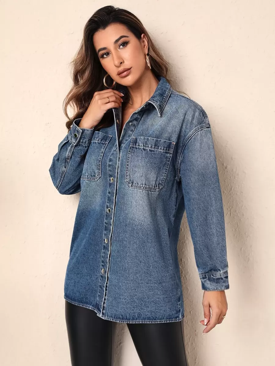 Drop Shoulder Pocket Patched Denim Shirt - Dark Wash - View 1