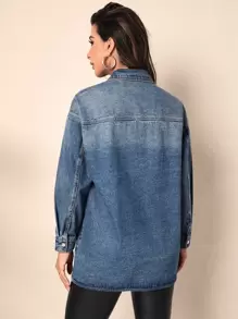Drop Shoulder Pocket Patched Denim Shirt - Dark Wash - View 2