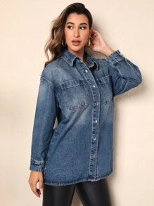 Drop Shoulder Pocket Patched Denim Shirt - Dark Wash - View 3