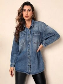 Drop Shoulder Pocket Patched Denim Shirt - Dark Wash - View 4