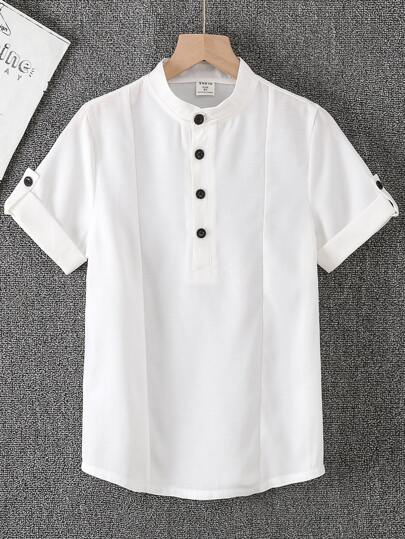 SHEIN Tween Boy Roll Tab Sleeve Half Button Shirt