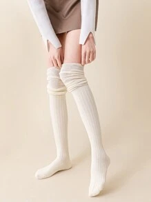 Ruched Over The Knee Socks - White - View 1