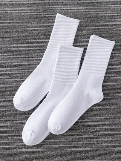 3 双男士吸湿排汗高弹运动袜，白色基本款男女通用高弹运动袜，中筒长度，适合日常锻炼，秋季袜子