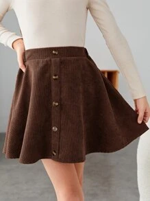 SHEIN Chicas Falda con botón delantero de pana - Café integral - Ver 1
