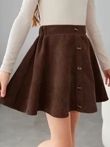 SHEIN Chicas Falda con botón delantero de pana - Café integral - Ver 3