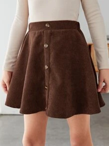 SHEIN Chicas Falda con botón delantero de pana - Café integral - Ver 4