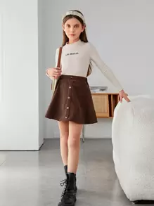 SHEIN Chicas Falda con botón delantero de pana - Café integral - Ver 5