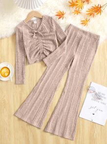 SHEIN Chicas Camiseta fruncido tejido de canalé & Pantalones acampanados - Rosa Pálido - Ver 1