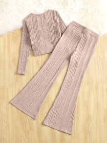 SHEIN Chicas Camiseta fruncido tejido de canalé & Pantalones acampanados - Rosa Pálido - Ver 2