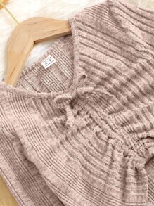 SHEIN Chicas Camiseta fruncido tejido de canalé & Pantalones acampanados - Rosa Pálido - Ver 4