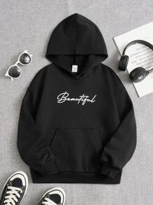 SHEIN 適合青少年女孩穿的字母圖形袋鼠口袋保溫連帽衛衣