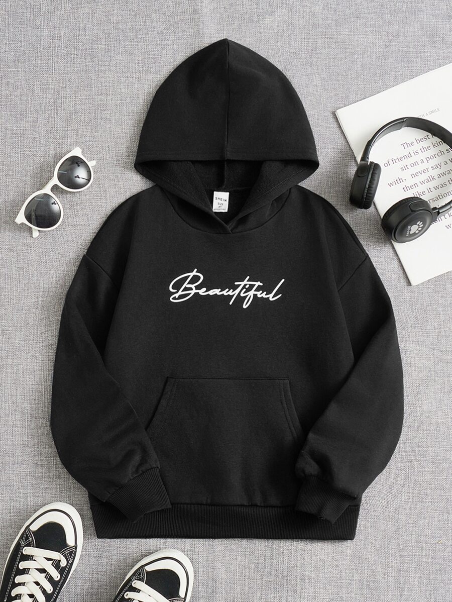 SHEIN 適合青少年女孩穿的字母圖形袋鼠口袋保溫連帽衛衣