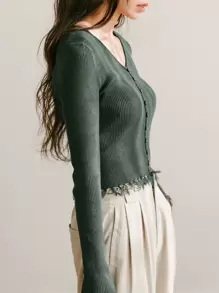 DAZY Cárdigan flecos recortados con botón - Verde Oscuro - Ver 1