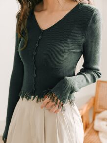 DAZY Cárdigan flecos recortados con botón - Verde Oscuro - Ver 3