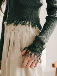 DAZY Cárdigan flecos recortados con botón - Verde Oscuro - Ver 4