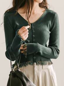 DAZY Cárdigan flecos recortados con botón - Verde Oscuro - Ver 5