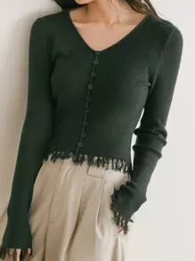 DAZY Cárdigan flecos recortados con botón - Verde Oscuro - Ver 9