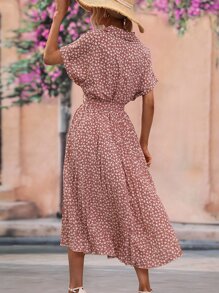 EMERY ROSE 碎花蝙蝠袖百褶下擺腰帶襯衫連衣裙 - 藕粉色 - 查看 2