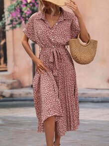 EMERY ROSE 碎花蝙蝠袖百褶下擺腰帶襯衫連衣裙 - 藕粉色 - 查看 5