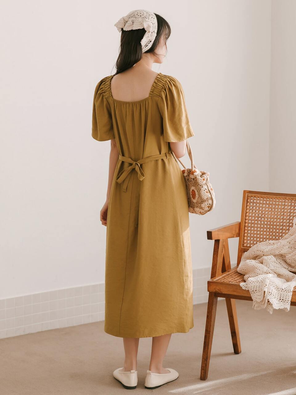 Square Neck Puff Sleeve Belted Dress