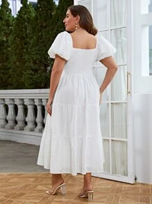 Simplee Vestido schiffy de cuello cuadrado de manga farol bajo con fruncido - Blanco - Ver 2