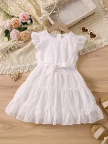 SHEIN 小女童圓點荷葉邊繫腰帶洋裝 - 白色 - 查看 1