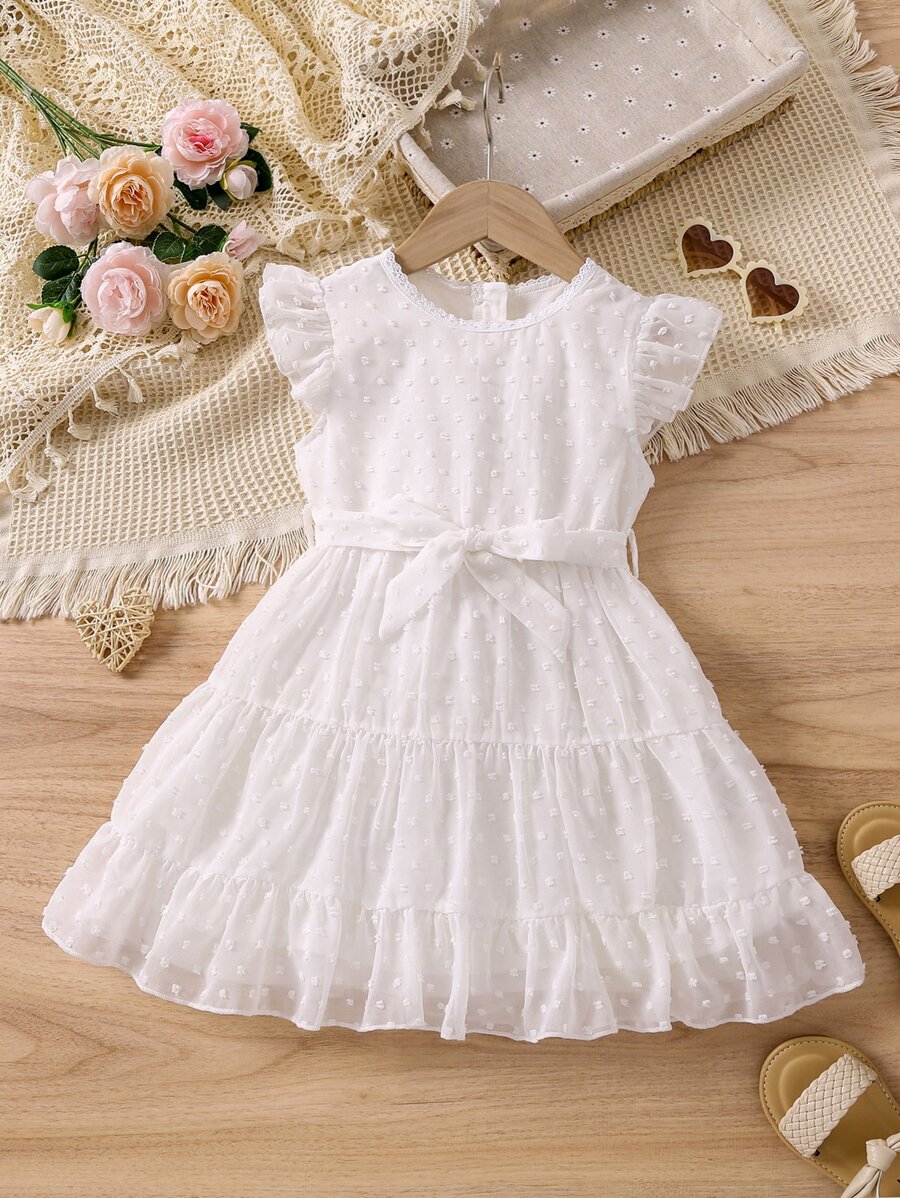 SHEIN 小女童圓點荷葉邊繫腰帶洋裝 - 白色 - 查看 1