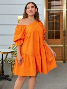 Simplee 大碼熒光橙不對稱領泡泡袖荷葉邊娃娃裙 - 橘色 - 查看 5