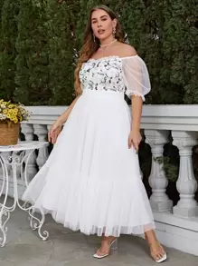 Simplee 大碼花卉刺繡一字肩荷葉邊網紗連衣裙 - 白色 - 查看 1