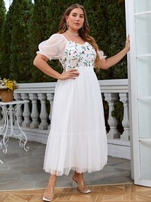 Simplee 大碼花卉刺繡一字肩荷葉邊網紗連衣裙 - 白色 - 查看 5