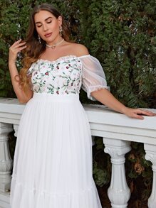 Simplee 大碼花卉刺繡一字肩荷葉邊網紗連衣裙 - 白色 - 查看 6