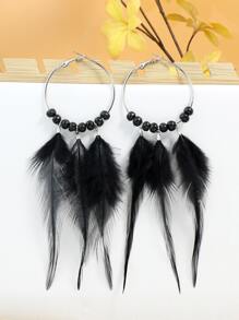 Bead Decor Feather Drop Earrings - Black - View 1