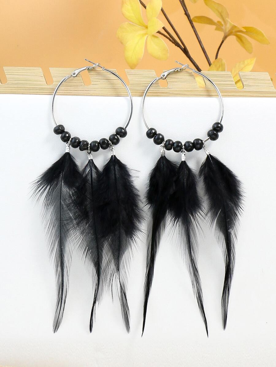 Bead Decor Feather Drop Earrings - Black - View 1