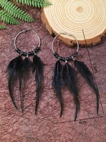 Bead Decor Feather Drop Earrings - Black - View 3