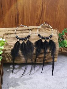 Bead Decor Feather Drop Earrings - Black - View 4