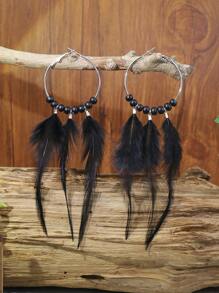 Bead Decor Feather Drop Earrings - Black - View 5
