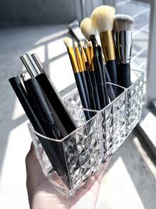 透明化妝刷收納盒，帶3入組插槽1入組亞克力化妝刷收納盒，閃亮化妝刷架收納盒，眼線筆展示盒，筆架，辦公桌收納盒，適用於梳妝台、浴室、梳妝台和工作檯面 - 無色 - 查看 2