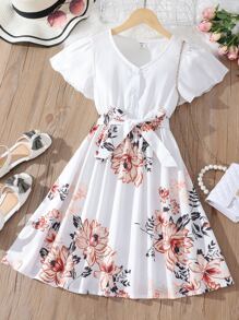 女孩印花蝴蝶袖繫腰帶洋裝