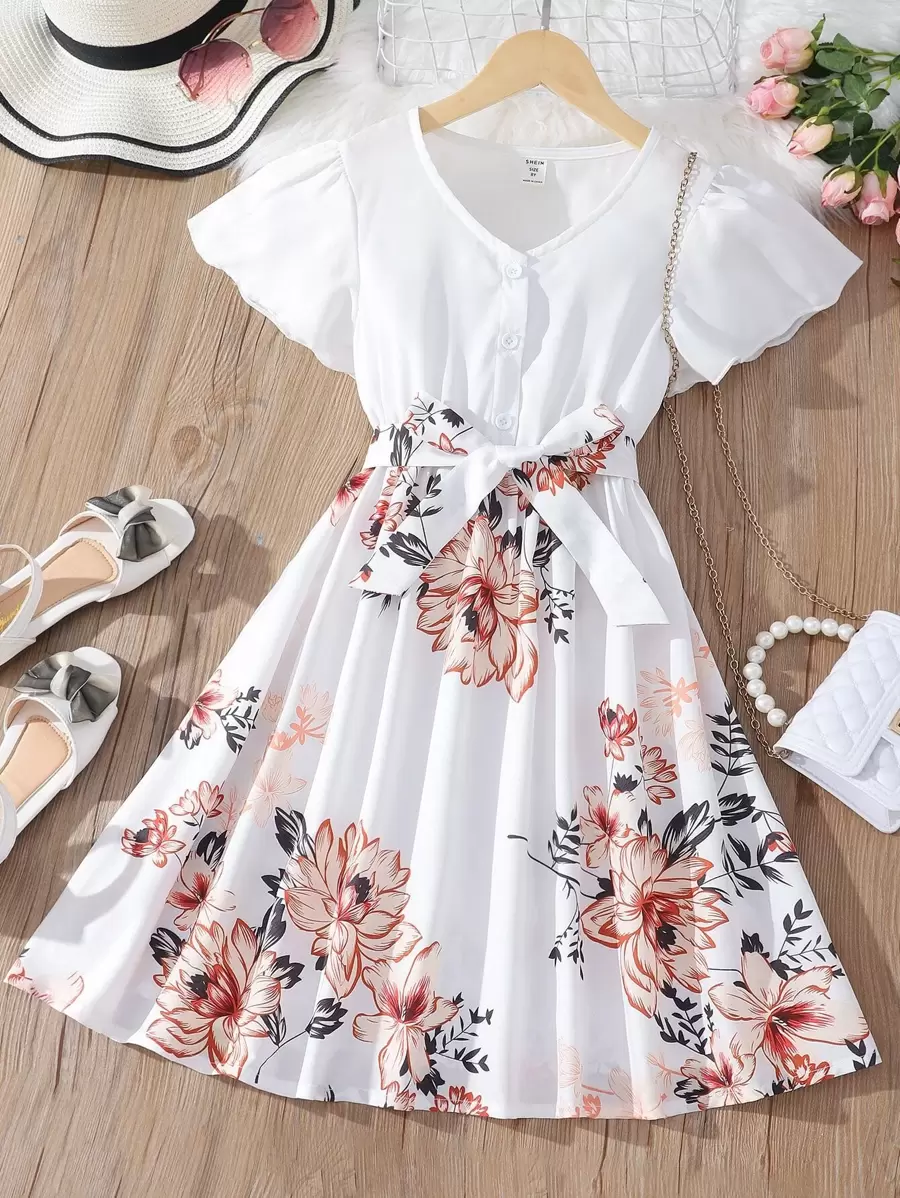 女孩印花蝴蝶袖繫腰帶洋裝