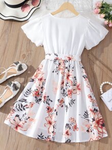 女孩印花蝴蝶袖繫腰帶洋裝