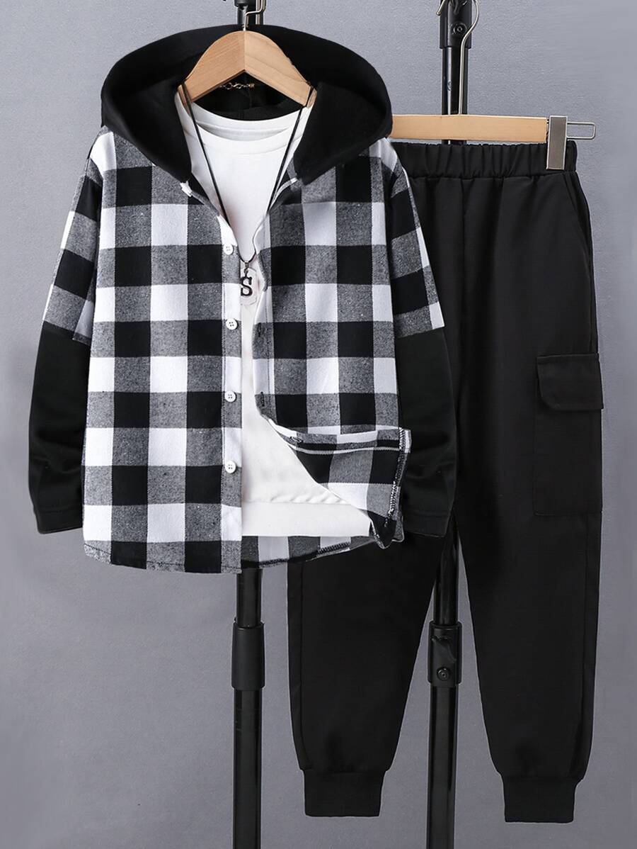 男孩格紋印花連帽襯衫和褲子不帶T恤