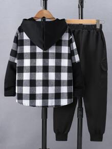 男孩格紋印花連帽襯衫和褲子不帶T恤