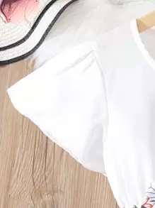 女孩印花蝴蝶袖繫腰帶洋裝