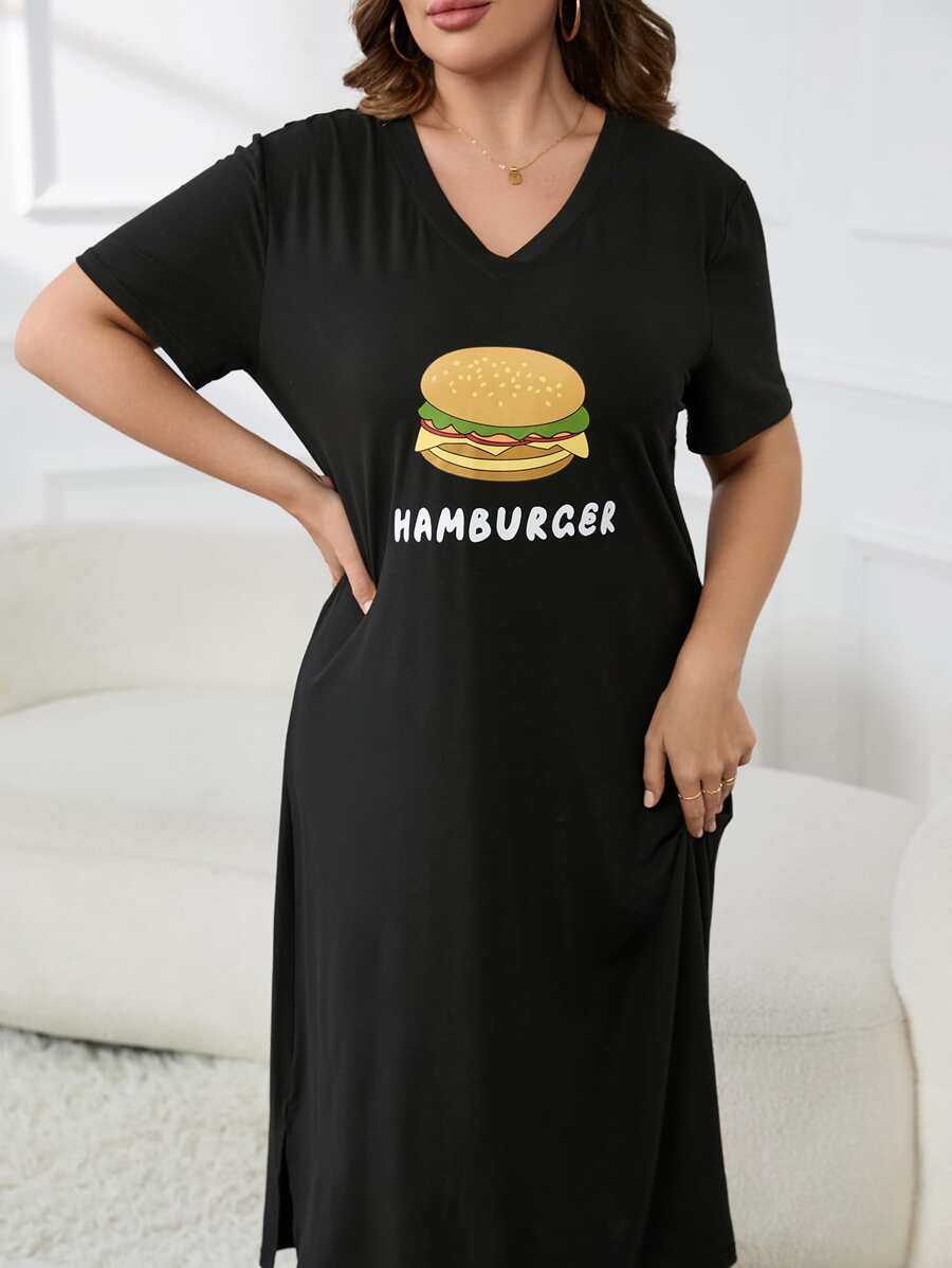 Plus Letter & Hamburger Print Nightdress - Black - View 1